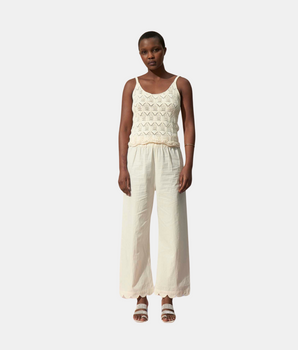 SIFNOS - Pantalon ample taille haute élastiquée bas finition pétales en coton froissé Ecru