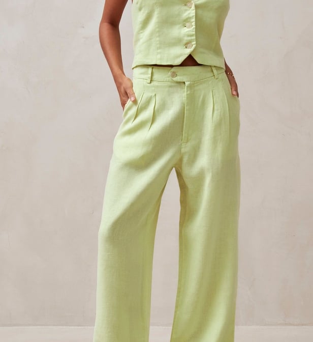 Pantalon chic large en lin couleur vert anis