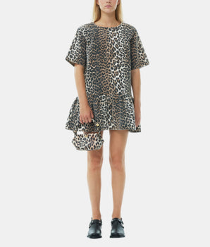 Mini robe à volants denim imprimé léopard