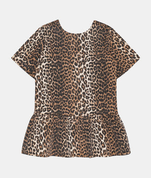 Mini robe à volants denim imprimé léopard