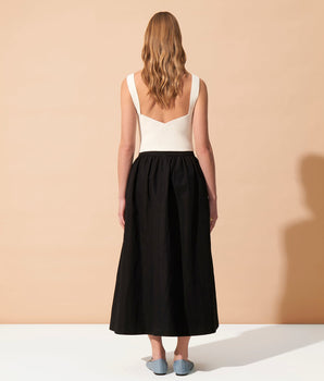 BACALL - Black High-waisted flared cotton linen midi skirt